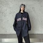 Striped Lettering Embroidered Button Jacket