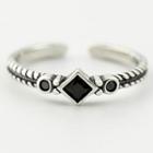 925 Sterling Silver Stone Ribbed Open Ring S925 Sterling Silver - Black & Silver - One Size