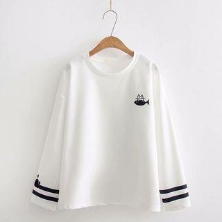 Cat & Fish Embroidered Long-sleeve Top