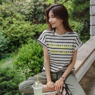 Cap-sleeve Letter Stripe T-shirt