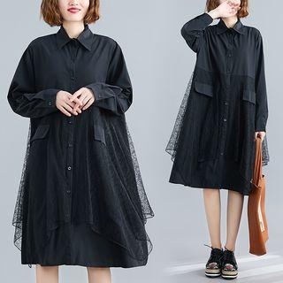 Long-sleeve Mesh-overlay Midi A-line Shirt Dress