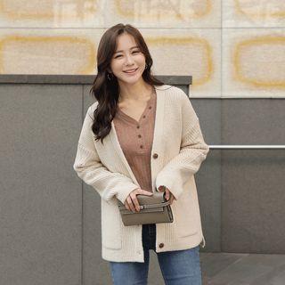 Punched-trim Slit-side Rib-knit Cardigan