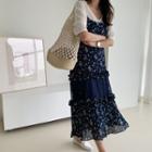 Spaghetti-strap Long Floral Dress Navy Blue - One Size