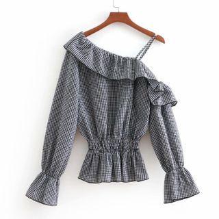 Bell-sleeve Cold-shoulder Plaid Blouse
