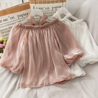 Glitter Boatneck Ruffled-trim Loose Chiffon Top In 7 Colors