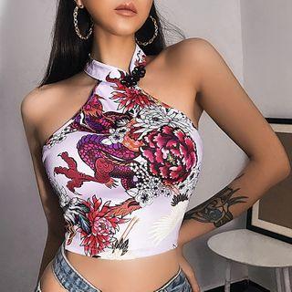 Halter-neck Dragon Print Crop Top