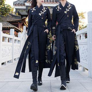 Long-sleeve Wrap Hanfu Top / Belt / Straight-leg Pants