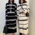Long-sleeve Hooded Striped Midi Knit Dress