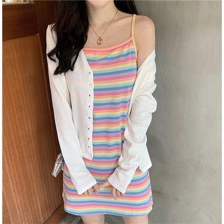 Striped Spaghetti-strap Mini Dress / Plain Cardigan