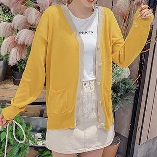 Contrast Trim Letter Embroidered Cardigan