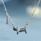 Cat Rhinestone Pendant Sterling Silver Necklace Cat & Fish - Silver - One Size