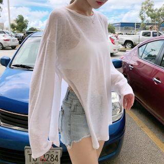 Long-sleeve Slit T-shirt Milky White - One Size