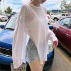 Long-sleeve Slit T-shirt Milky White - One Size