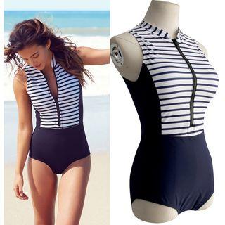 Striped Half-zip Swimsuit