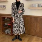 Mock Two-piece Long-sleeve Turtleneck Floral Midi A-line Dress