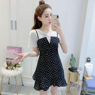 Set: Short-sleeve T-shirt + Spaghetti Strap Dotted Dress