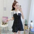 Set: Short-sleeve T-shirt + Spaghetti Strap Dotted Dress
