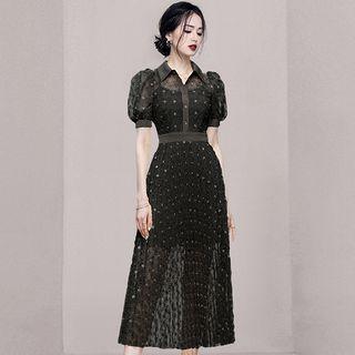 Puff-sleeve Collar Lace Midi A-line Dress