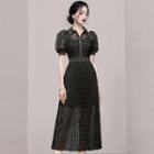 Puff-sleeve Collar Lace Midi A-line Dress