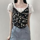 Floral Camisole Top / Short-sleeve Top / Midi A-line Skirt / Cut Out Pants / Set