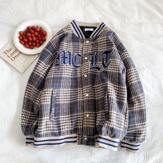 Lettering Plaid Button-up Jacket