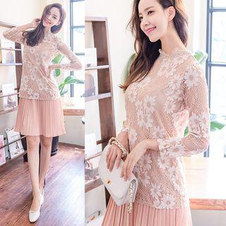 Long-sleeve Mock Two-piece Pleated Dress