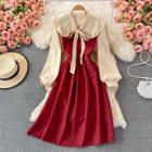 Set: Bow-neck Blouse + Midi A-line Overall Dress