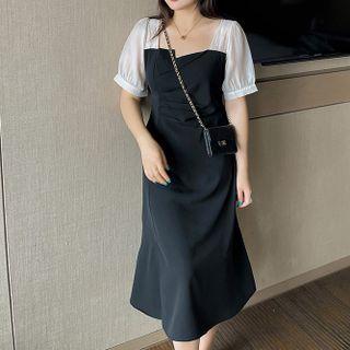 Square-neck Shirred Midi A-line Dress