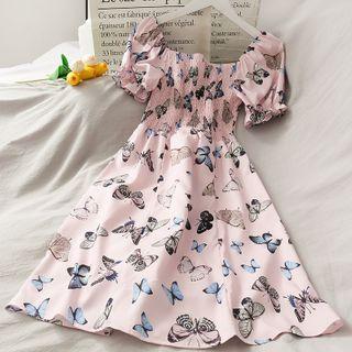 Boatneck Butterfly-print Smocked Midi Dress Pink - One Size