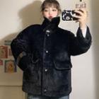 Mock-neck Oversize Faux Fur Cardigan