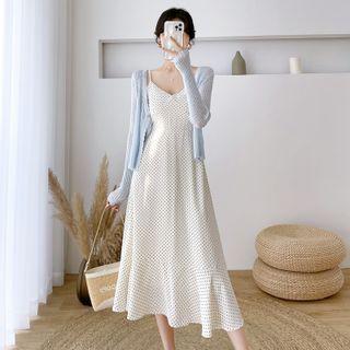 Spaghetti Strap V-neck Printed Midi Dress / Plain Ribbed Cardigan
