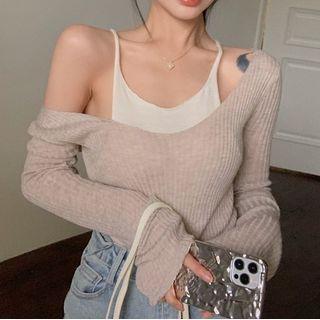 Long-sleeve Paneled Knit Top Light Almond - One Size
