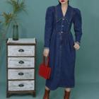 Long-sleeve Chelsea Collar Denim Midi Dress