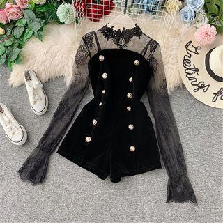 Lace-panel Velvet Double-breasted Playsuit