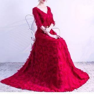 Elbow-sleeve Fringe A-line Evening Gown