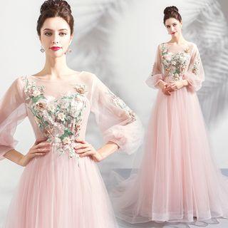 3/4-sleeve Floral Detail A-line Maxi Evening Dress
