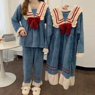 Long-sleeve Collared Fleece Sleep Top / Lounge Pants / Sleep Dress / Set