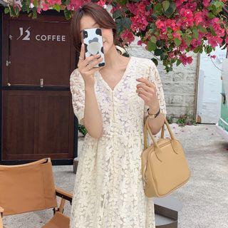 Short-sleeve V-neck Single Breasted Crochet Dress Almond - One Size