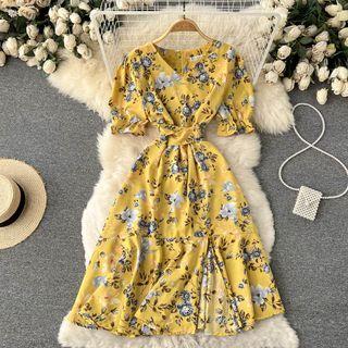 V-neck Retro Floral Puff Short-sleeve Dress