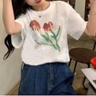 Short-sleeve Round-neck Lettering T-shirt White - One Size