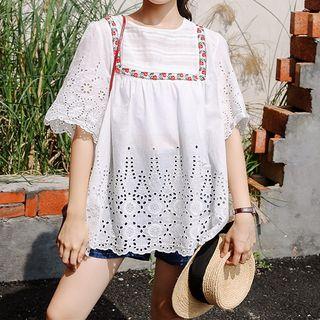 Embroidered Eyelet Lace Elbow-sleeve Blouse