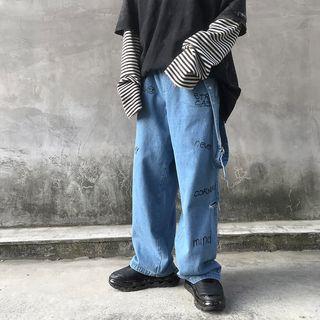 Ripped Lettering Wide Leg Jeans