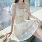 Square-neck Lace Trim Short-sleeve Dress