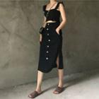 Ruffle-strap Crop Top / Buttoned Midi Skirt