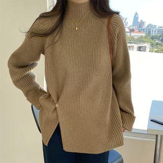 Turtleneck Slit Ribbed Knit Top