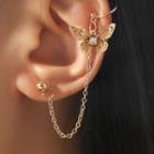 Butterfly Rhinestone Chained Cuff Earring 01 - 1 Pc - Gold - One Size