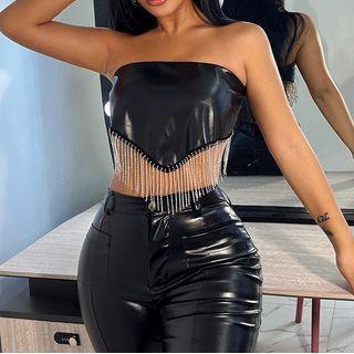 Faux Leather Fringed Tube Top