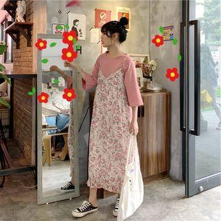 Plain 3/4-sleeve T-shirt / Floral Sleeveless Dress