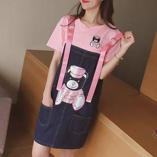 Set: Embroidered Short-sleeve T-shirt + Denim Pinafore Dress