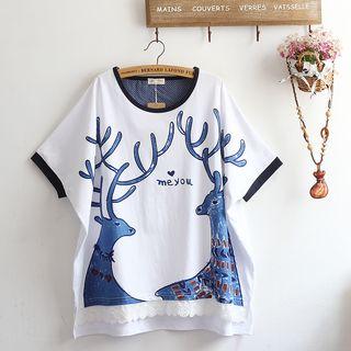 Printed Lace Trim Short-sleeve T-shirt